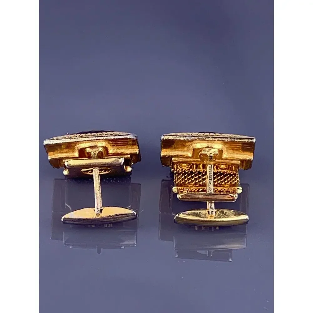Dichroic Glass Cufflinks Wrap Around Gold Tone Green to Pink Lines Rays Vintage